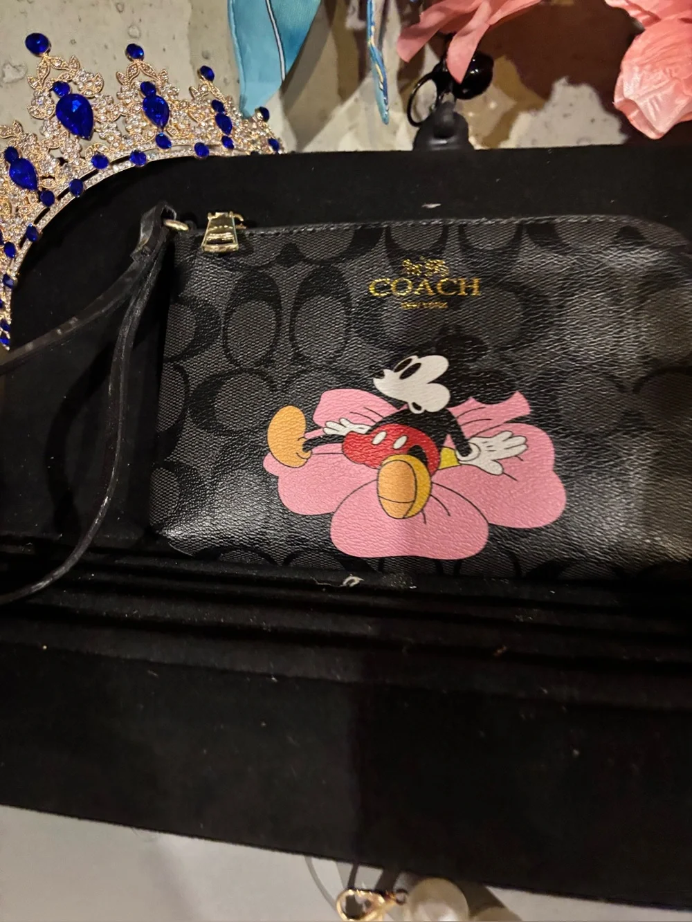 COACH Black Signature Wristlet with Pink Mickey Graphic very rare very beautiful